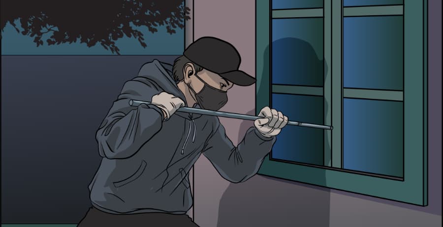 Illustration of burglar forcing entry through a window in Worcester
